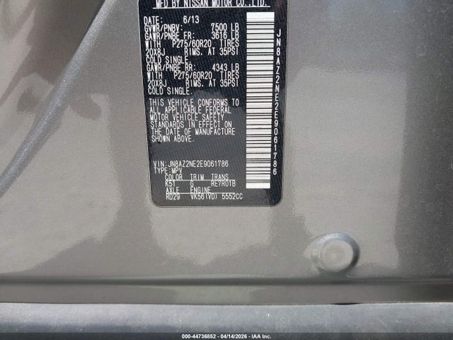 Aukcja sprzedaży 2014 Infiniti Qx80, vin: JN8AZ2NE2E9061786, numer aukcji: 44736852