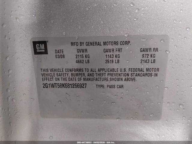 44736853 :رقم المزاد ، 2G1WT58K681266927 vin ، 2008 Chevrolet Impala Lt مزاد بيع
