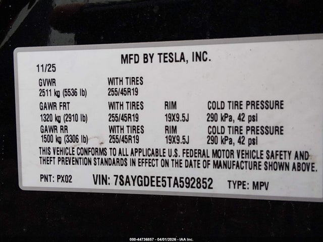 Aukcja sprzedaży 2026 Tesla Model Y All-wheel Drive/long Range Launch Series/premium All-wheel Drive, vin: 7SAYGDEE5TA592852, numer aukcji: 44736857