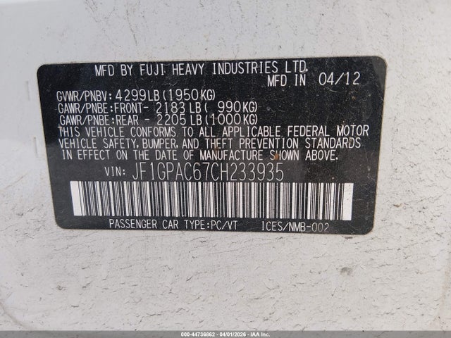 2012 Subaru Impreza 2.0i Premium მანქანა იყიდება აუქციონზე, vin: JF1GPAC67CH233935, აუქციონის ნომერი: 44736862