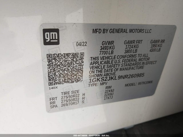 1GKS2JKL9NR260985 GMC Yukon Xl 4wd Denali