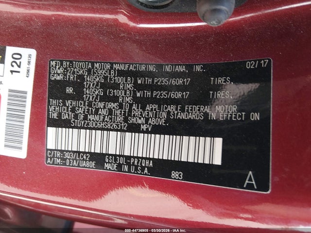Продаж на аукціоні авто 2017 Toyota Sienna Xle Premium 8 Passenger, vin: 5TDYZ3DC6HS826312, номер лоту: 44736905