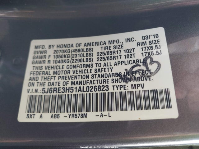 Продаж на аукціоні авто 2010 Honda Cr-v Ex, vin: 5J6RE3H51AL026823, номер лоту: 44736915