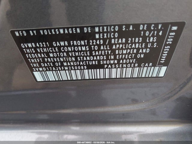 3VWD17AJ5FM250089 Volkswagen Jetta 1.8t Se