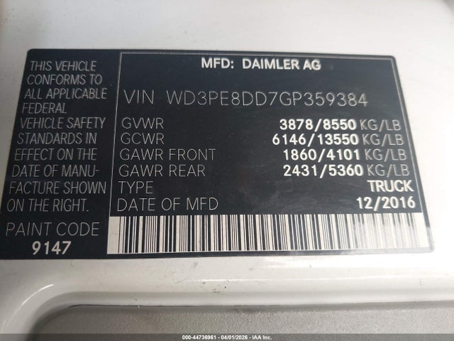 Продаж на аукціоні авто 2016 Mercedes-benz Sprinter 2500 High  Roof, vin: WD3PE8DD7GP359384, номер лоту: 44736961