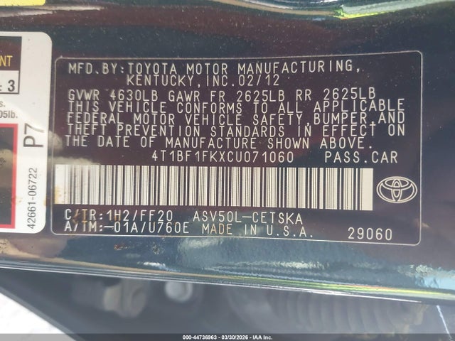 Aukcja sprzedaży 2012 Toyota Camry Se, vin: 4T1BF1FKXCU071060, numer aukcji: 44736963