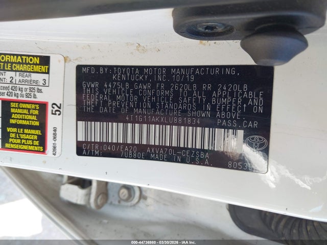 Aukcja sprzedaży 2020 Toyota Camry Se, vin: 4T1G11AKXLU881834, numer aukcji: 44736980
