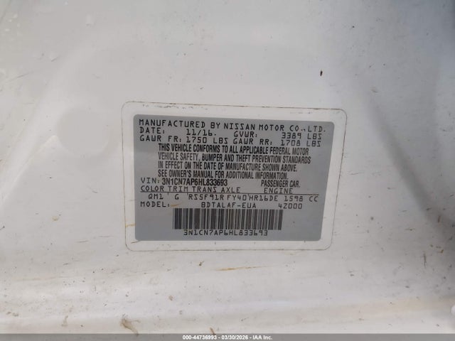 Продаж на аукціоні авто 2017 Nissan Versa 1.6 S, vin: 3N1CN7AP6HL833693, номер лоту: 44736993