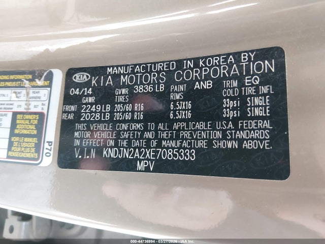 44736994 :رقم المزاد ، KNDJN2A2XE7085333 vin ، 2014 Kia Soul مزاد بيع