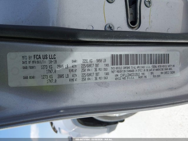 2019 Jeep Cherokee Latitude Fwd მანქანა იყიდება აუქციონზე, vin: 1C4PJLCB4KD312912, აუქციონის ნომერი: 44737004