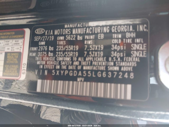 2020 Kia Sorento 3.3l S მანქანა იყიდება აუქციონზე, vin: 5XYPGDA55LG637248, აუქციონის ნომერი: 44737039