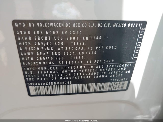Продаж на аукціоні авто 2022 Volkswagen Tiguan 2.0t Sel R-line, vin: 3VV4B7AX1NM003768, номер лоту: 44737064