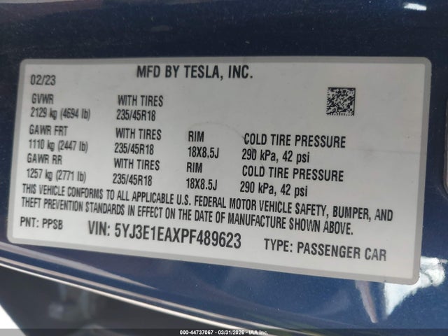 2023 Tesla Model 3 Rear-wheel Drive მანქანა იყიდება აუქციონზე, vin: 5YJ3E1EAXPF489623, აუქციონის ნომერი: 44737067