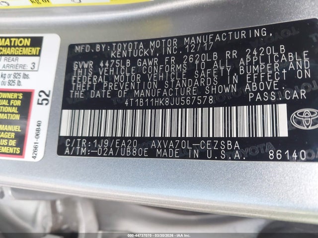 Aukcja sprzedaży 2018 Toyota Camry Se, vin: 4T1B11HK8JU567578, numer aukcji: 44737070