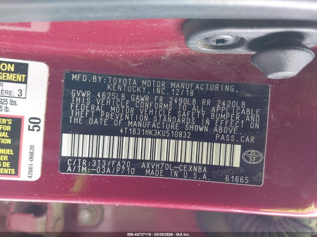 4T1B31HK3KU510832 Toyota Camry Hybrid Le