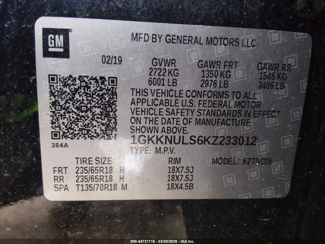 44737116 :رقم المزاد ، 1GKKNULS6KZ233012 vin ، 2019 Gmc Acadia Slt-1 مزاد بيع