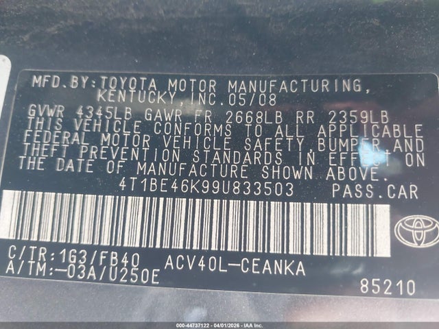2009 Toyota Camry Se/le/xle მანქანა იყიდება აუქციონზე, vin: 4T1BE46K99U833503, აუქციონის ნომერი: 44737122