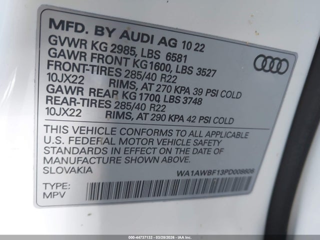 2023 Audi Sq8 Premium Plus Tfsi Quattro Tiptronic მანქანა იყიდება აუქციონზე, vin: WA1AWBF13PD008606, აუქციონის ნომერი: 44737132