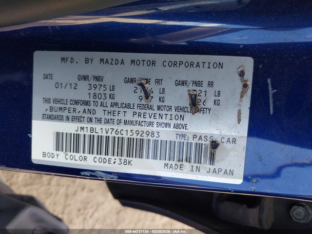 44737134 :رقم المزاد ، JM1BL1V76C1592983 vin ، 2012 Mazda Mazda3 I Touring مزاد بيع