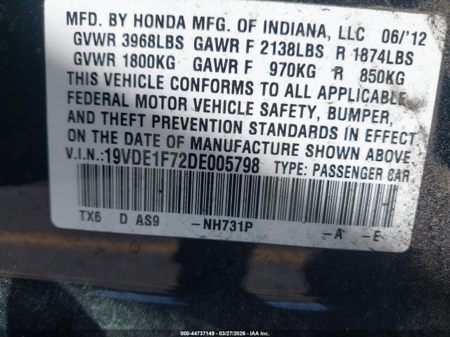 44737149 :رقم المزاد ، 19VDE1F72DE005798 vin ، 2013 Acura Ilx 2.0l مزاد بيع