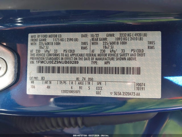 1FMCU0EZ9NUB69289 Ford Escape Se Plug-in Hybrid