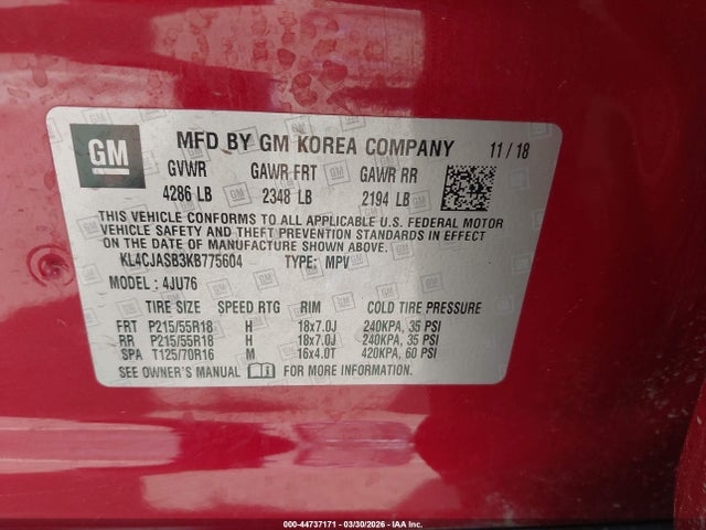 Aukcja sprzedaży 2019 Buick Encore Fwd Preferred, vin: KL4CJASB3KB775604, numer aukcji: 44737171