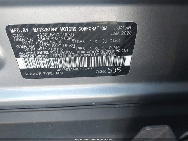 Продаж на аукціоні авто 2020 Mitsubishi Eclipse Cross Es 1.5t, vin: JA4AS3AA8LZ033572, номер лоту: 44737181