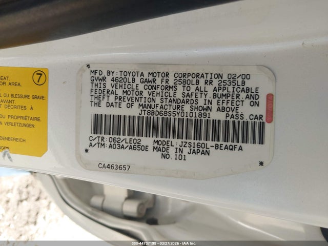 Aukcja sprzedaży 2000 Lexus Gs 300, vin: JT8BD68S5Y0101891, numer aukcji: 44737198