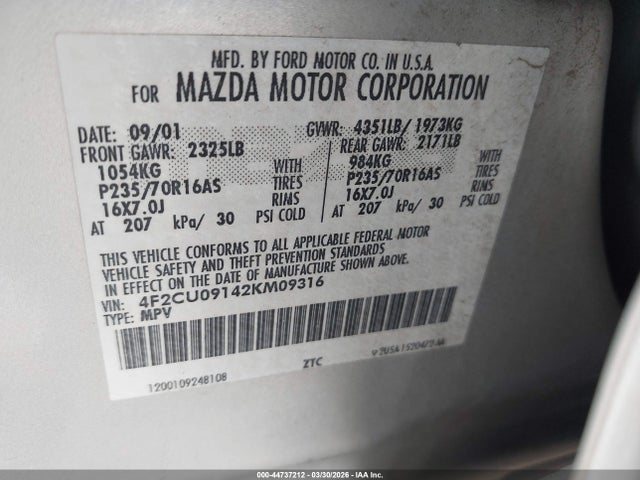 44737212 :رقم المزاد ، 4F2CU09142KM09316 vin ، 2002 Mazda Tribute Es V6/lx V6 مزاد بيع