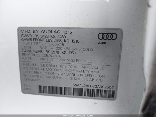 2016 Audi Q5 2.0t Premium მანქანა იყიდება აუქციონზე, vin: WA1L2AFP8GA092507, აუქციონის ნომერი: 44737234