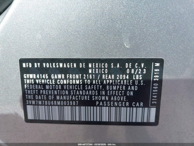 Aukcja sprzedaży 2024 Volkswagen Jetta 1.5t Se, vin: 3VW7M7BU6RM003987, numer aukcji: 44737244