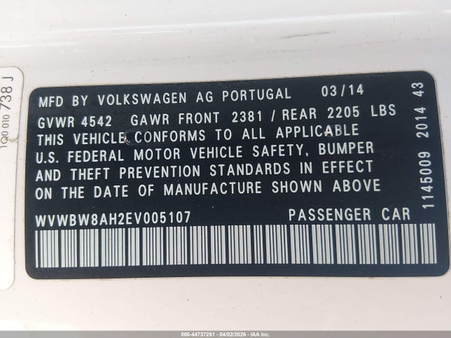 2014 Volkswagen Eos Sport მანქანა იყიდება აუქციონზე, vin: WVWBW8AH2EV005107, აუქციონის ნომერი: 44737251
