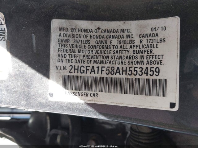 44737259 :رقم المزاد ، 2HGFA1F58AH553459 vin ، 2010 Honda Civic Lx مزاد بيع