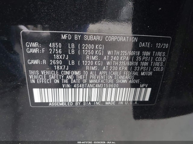 2021 Subaru Outback Limited მანქანა იყიდება აუქციონზე, vin: 4S4BTANC4M3159600, აუქციონის ნომერი: 44737262