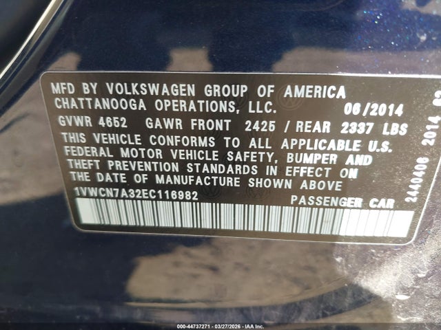 44737271 :رقم المزاد ، 1VWCN7A32EC116982 vin ، 2014 Volkswagen Passat 2.0l Tdi Sel Premium مزاد بيع