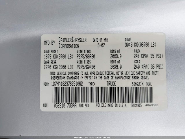 44737272 :رقم المزاد ، 1D7HA18237S251062 vin ، 2007 Dodge Ram 1500 Slt مزاد بيع