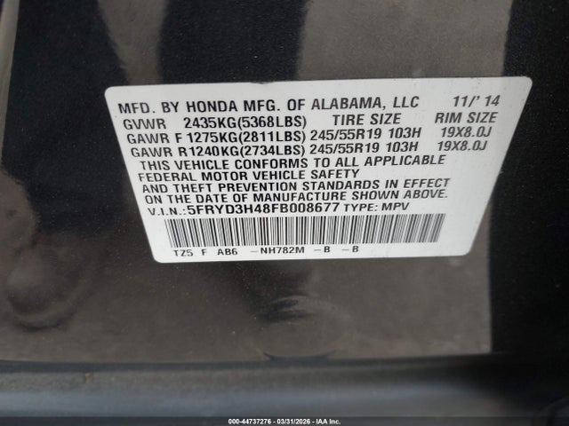 44737276 :رقم المزاد ، 5FRYD3H48FB008677 vin ، 2015 Acura Mdx Technology Package مزاد بيع