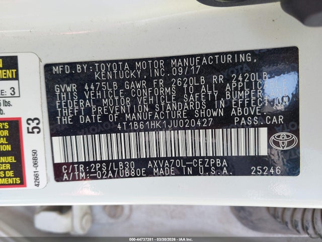 2018 Toyota Camry Xse მანქანა იყიდება აუქციონზე, vin: 4T1B61HK1JU020427, აუქციონის ნომერი: 44737281