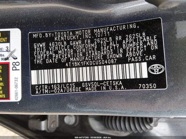 Продажа на аукционе авто 2012 Toyota Camry Se V6, vin: 4T1BK1FK0CU504087, номер лота: 44737285