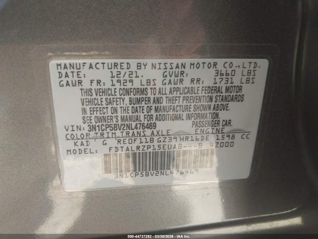 44737292 :رقم المزاد ، 3N1CP5BV2NL476469 vin ، 2022 Nissan Kicks S Xtronic Cvt مزاد بيع