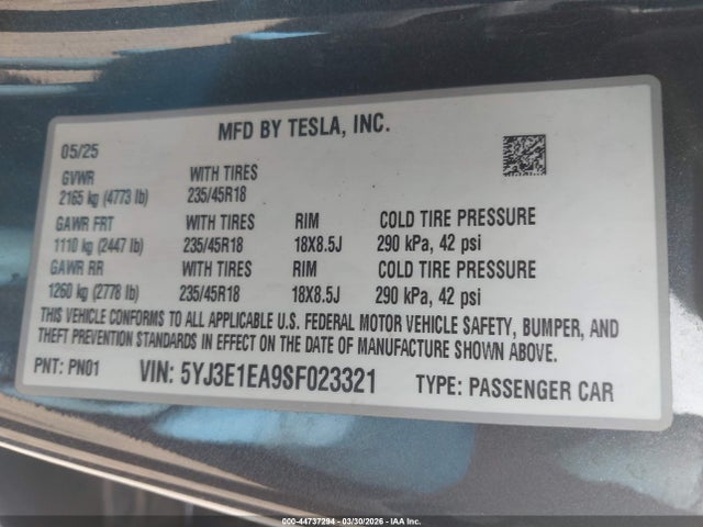 Продажа на аукционе авто 2025 Tesla Model 3 Long Range Rear-wheel Drive/standard Rear-wheel Drive, vin: 5YJ3E1EA9SF023321, номер лота: 44737294