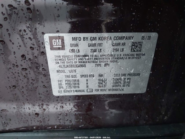 Продажа на аукционе авто 2020 Chevrolet Trax Fwd Ls, vin: KL7CJKSBXLB349645, номер лота: 44737301