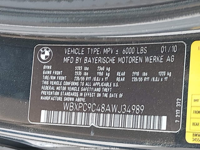 44737302 :رقم المزاد ، WBXPC9C48AWJ34989 vin ، 2010 Bmw X3 Xdrive30i مزاد بيع