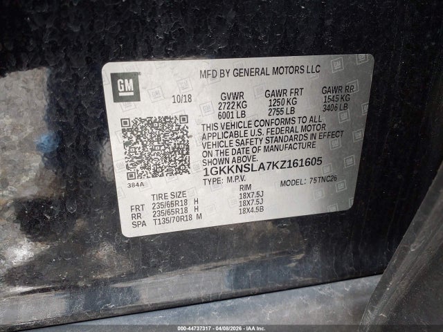 44737317 :رقم المزاد ، 1GKKNSLA7KZ161605 vin ، 2019 Gmc Acadia Sle-2 مزاد بيع