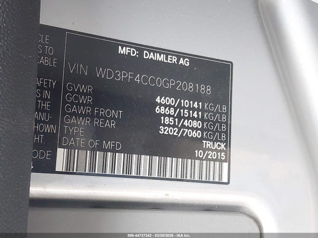 2016 Mercedes-benz Sprinter 3500 High Roof მანქანა იყიდება აუქციონზე, vin: WD3PF4CC0GP208188, აუქციონის ნომერი: 44737342