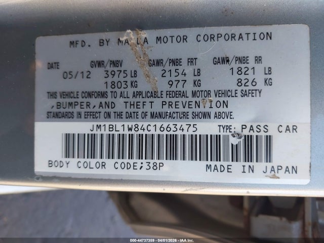 Aukcja sprzedaży 2012 Mazda Mazda3 I Grand Touring, vin: JM1BL1W84C1663475, numer aukcji: 44737359