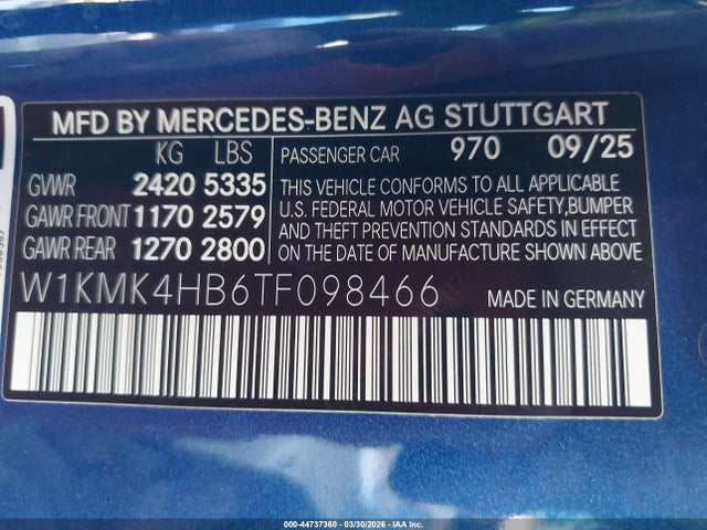 44737360 :رقم المزاد ، W1KMK4HB6TF098466 vin ، 2026 Mercedes-benz Cle Cle 300 مزاد بيع