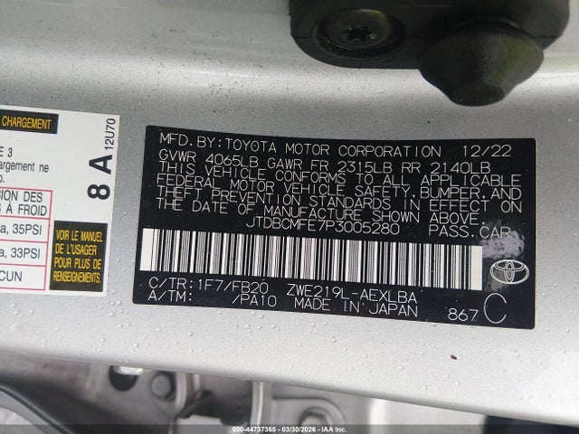 2023 Toyota Corolla Hybrid Le მანქანა იყიდება აუქციონზე, vin: JTDBCMFE7P3005280, აუქციონის ნომერი: 44737365