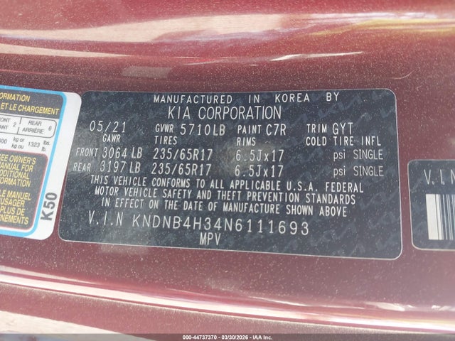 2022 Kia Carnival Mpv Lx Seat Package მანქანა იყიდება აუქციონზე, vin: KNDNB4H34N6111693, აუქციონის ნომერი: 44737370