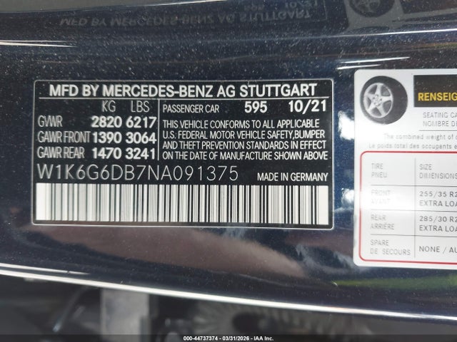 44737374 :رقم المزاد ، W1K6G6DB7NA091375 vin ، 2022 Mercedes-benz S 500 4matic مزاد بيع